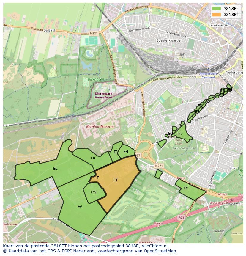 Afbeelding van het postcodegebied 3818 ET op de kaart.