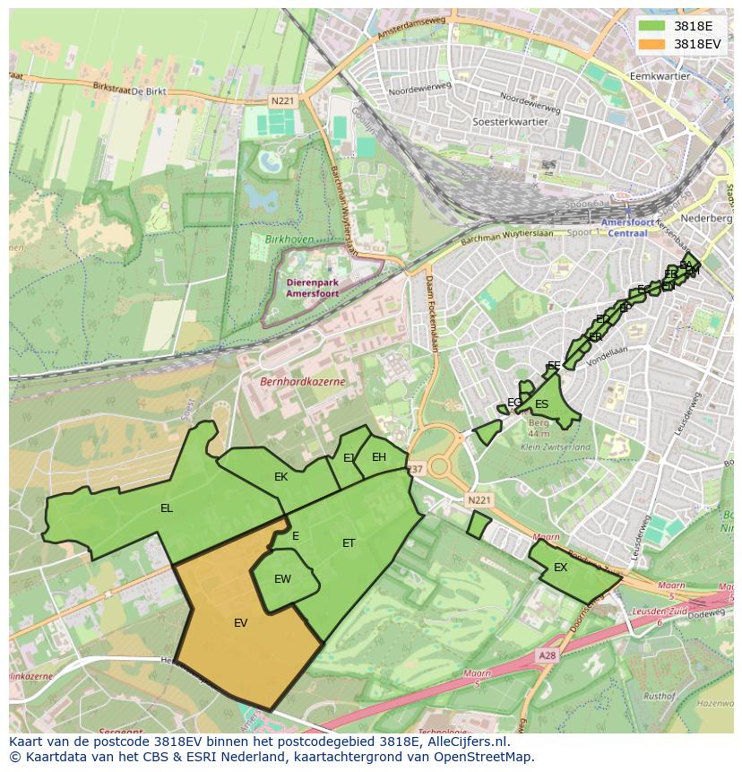 Afbeelding van het postcodegebied 3818 EV op de kaart.
