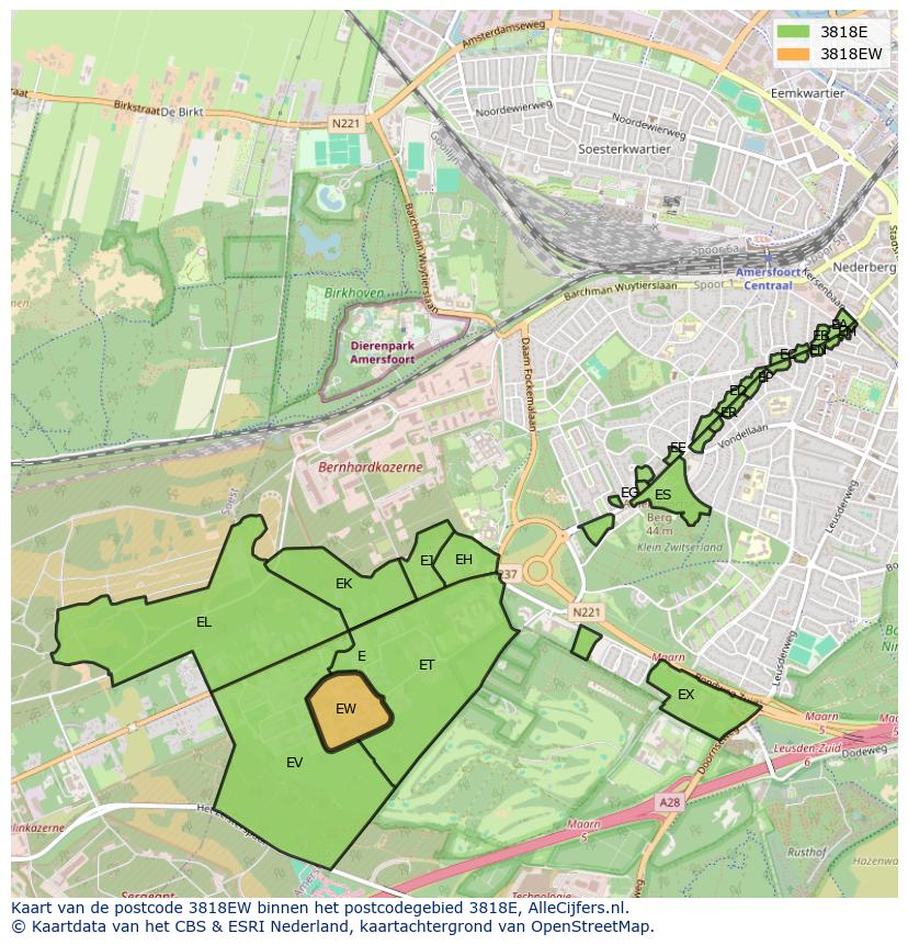 Afbeelding van het postcodegebied 3818 EW op de kaart.