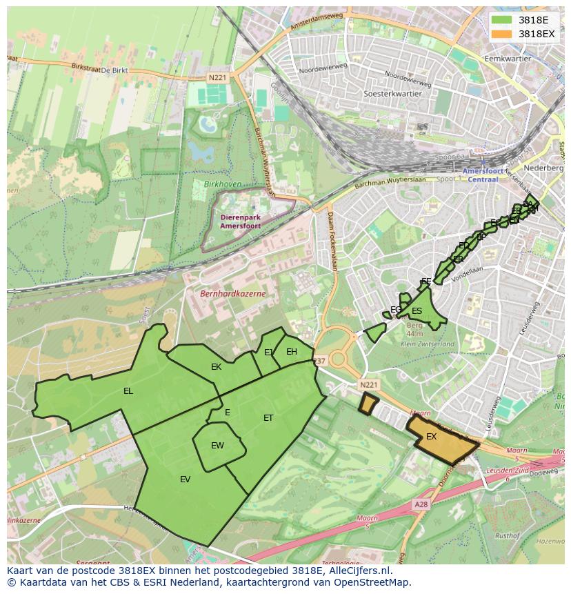 Afbeelding van het postcodegebied 3818 EX op de kaart.