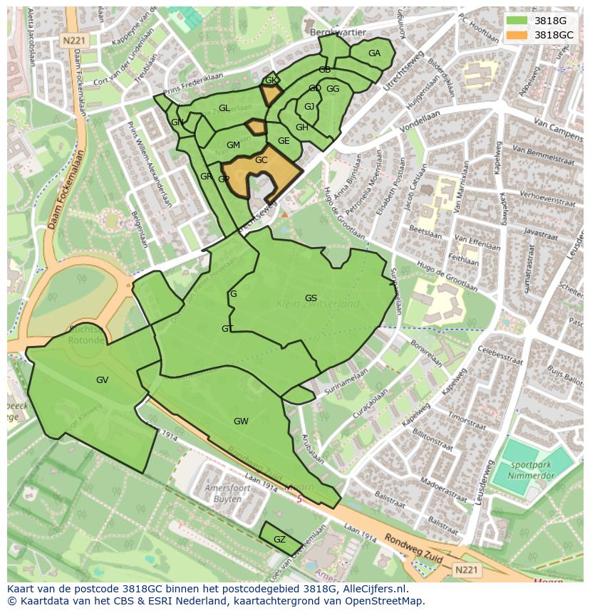 Afbeelding van het postcodegebied 3818 GC op de kaart.