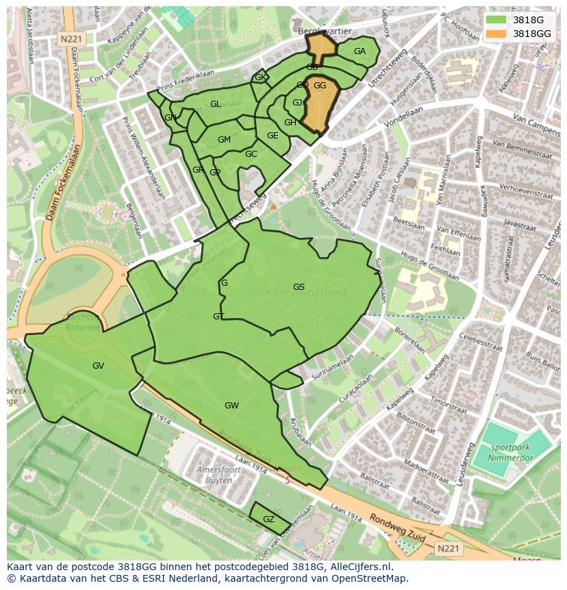 Afbeelding van het postcodegebied 3818 GG op de kaart.