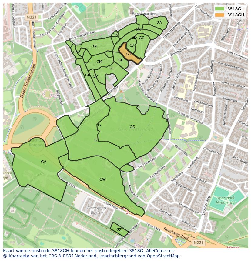 Afbeelding van het postcodegebied 3818 GH op de kaart.