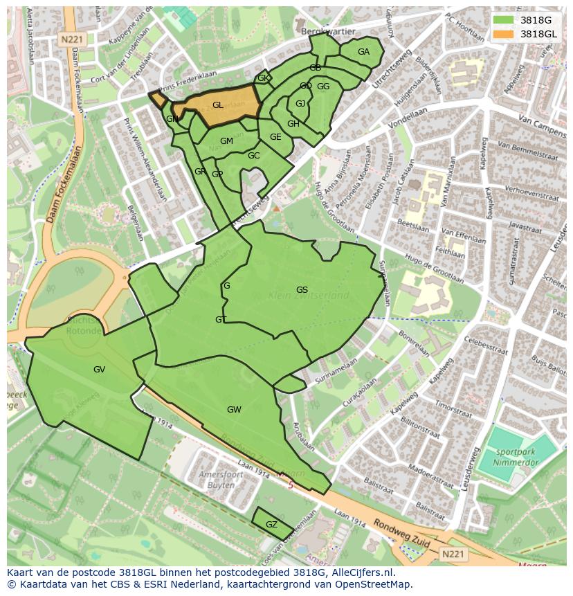 Afbeelding van het postcodegebied 3818 GL op de kaart.
