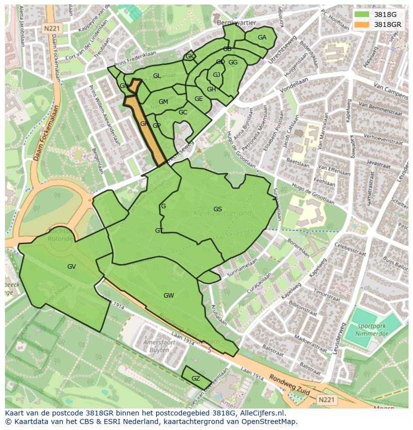 Afbeelding van het postcodegebied 3818 GR op de kaart.