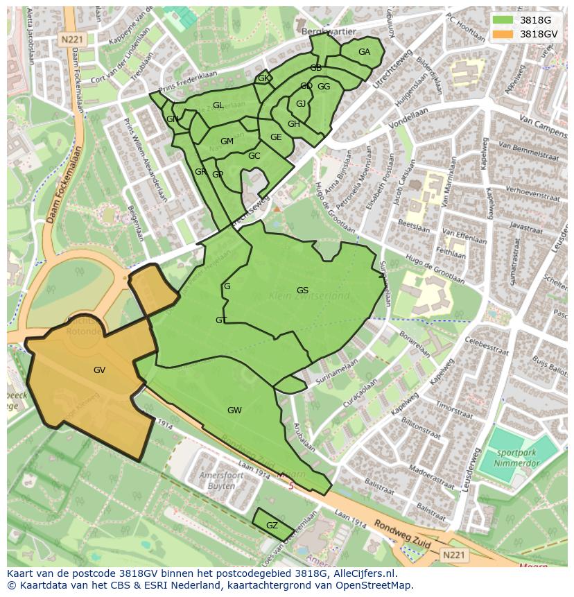 Afbeelding van het postcodegebied 3818 GV op de kaart.