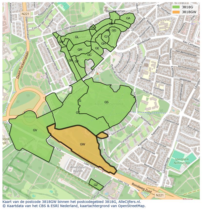 Afbeelding van het postcodegebied 3818 GW op de kaart.