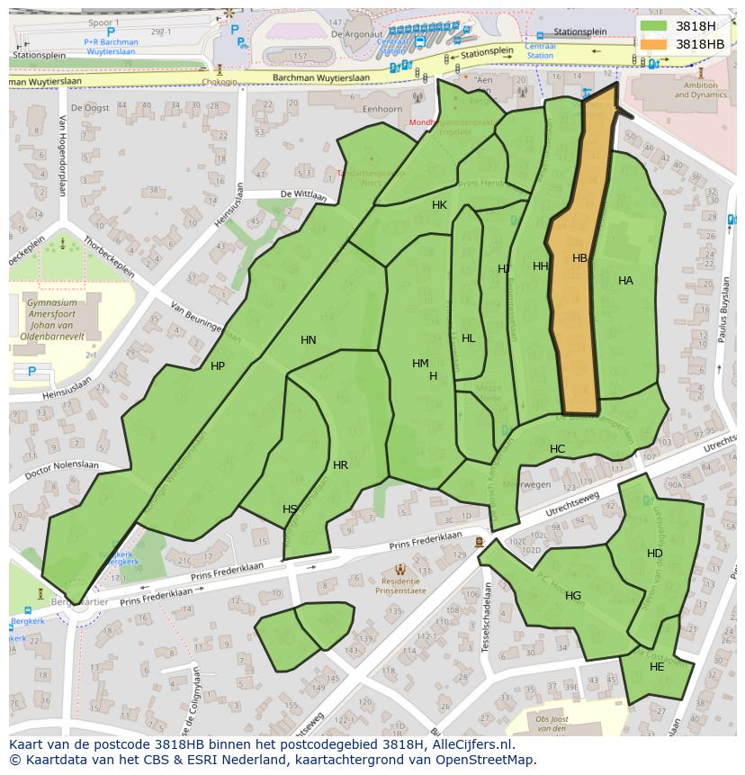 Afbeelding van het postcodegebied 3818 HB op de kaart.
