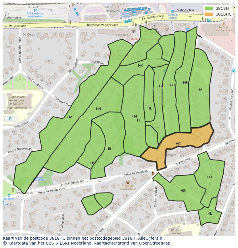 Afbeelding van het postcodegebied 3818 HC op de kaart.