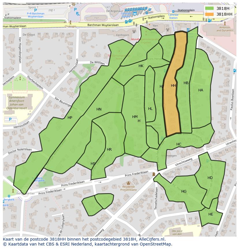 Afbeelding van het postcodegebied 3818 HH op de kaart.