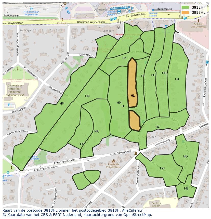 Afbeelding van het postcodegebied 3818 HL op de kaart.
