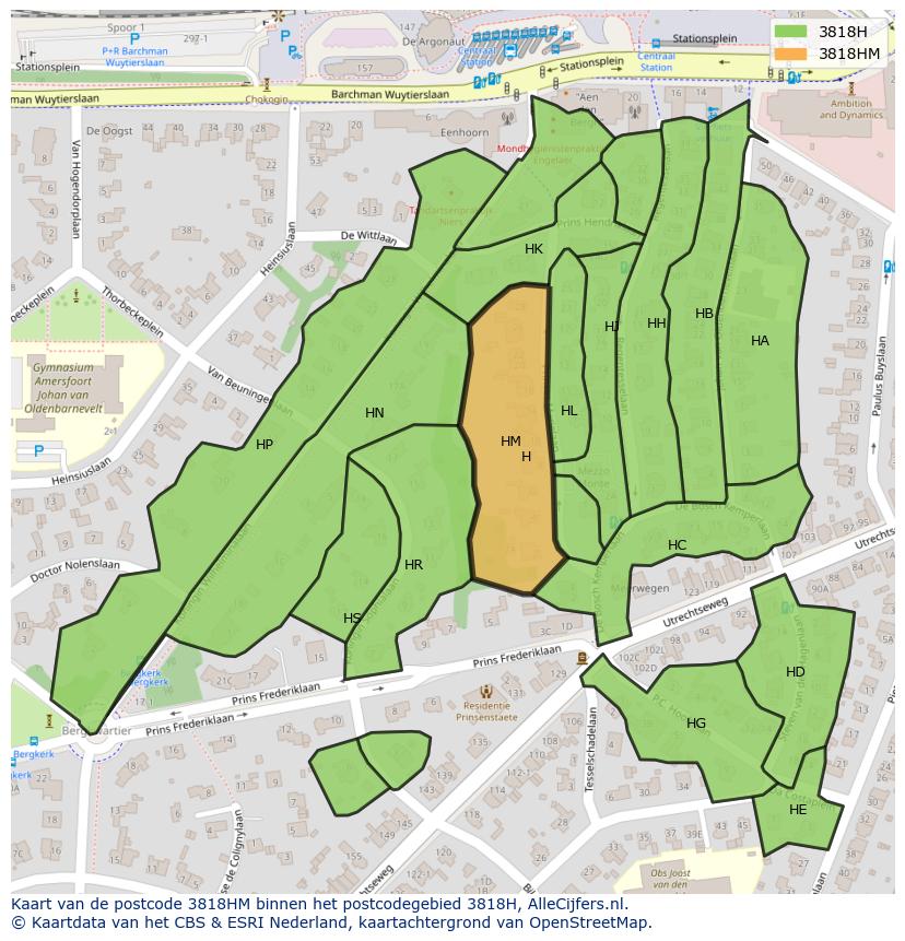 Afbeelding van het postcodegebied 3818 HM op de kaart.