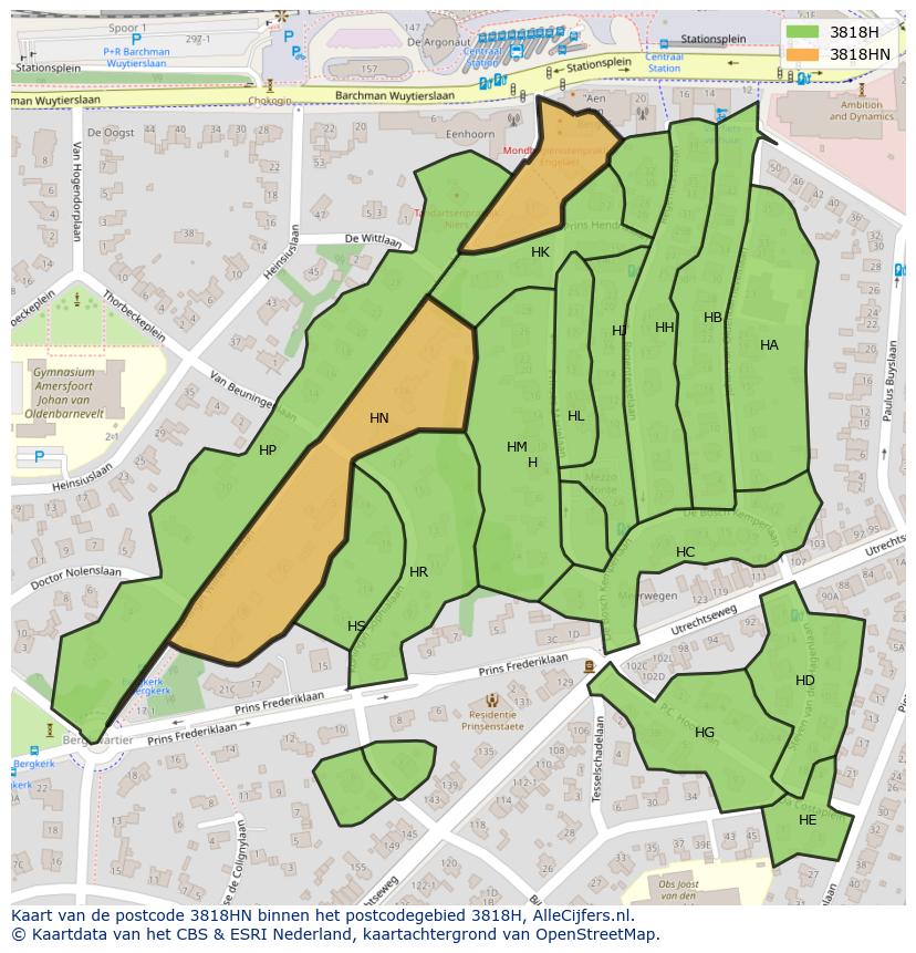 Afbeelding van het postcodegebied 3818 HN op de kaart.
