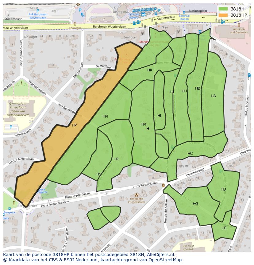 Afbeelding van het postcodegebied 3818 HP op de kaart.