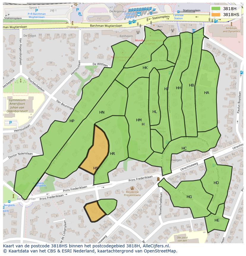 Afbeelding van het postcodegebied 3818 HS op de kaart.