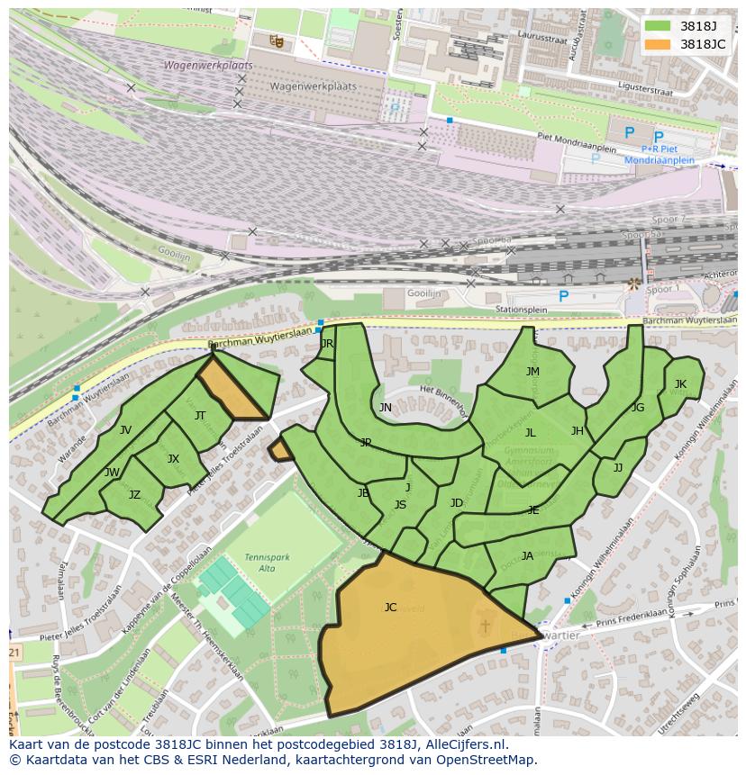 Afbeelding van het postcodegebied 3818 JC op de kaart.
