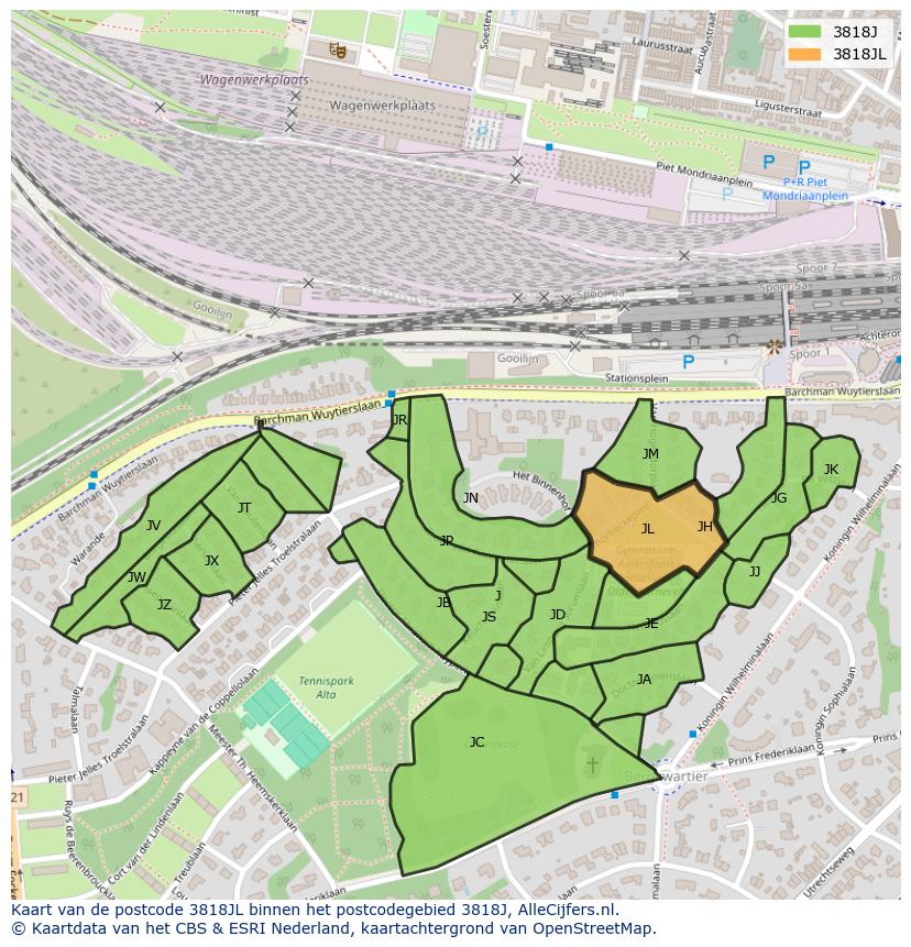 Afbeelding van het postcodegebied 3818 JL op de kaart.