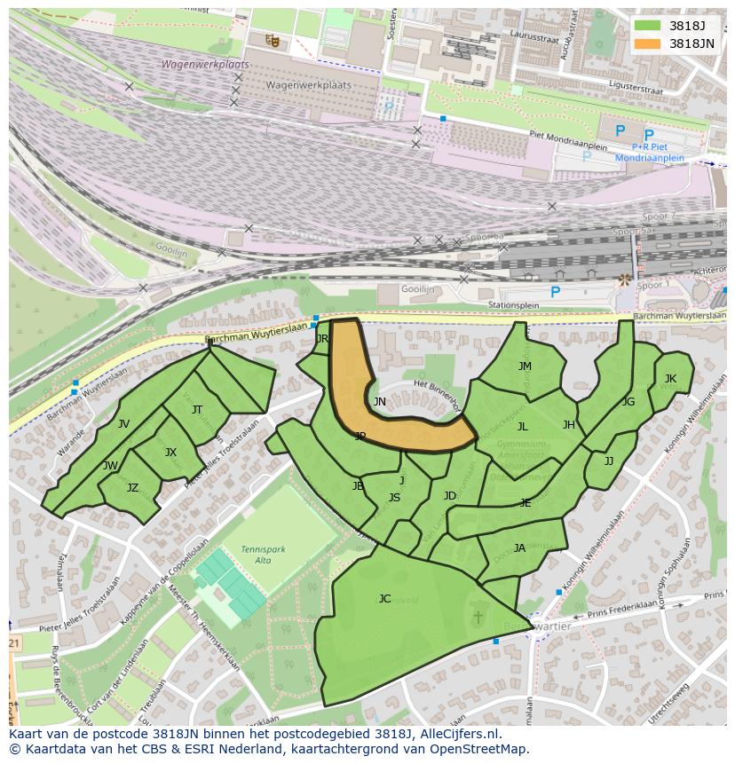 Afbeelding van het postcodegebied 3818 JN op de kaart.