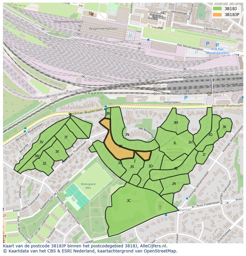 Afbeelding van het postcodegebied 3818 JP op de kaart.
