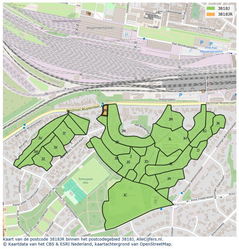 Afbeelding van het postcodegebied 3818 JR op de kaart.