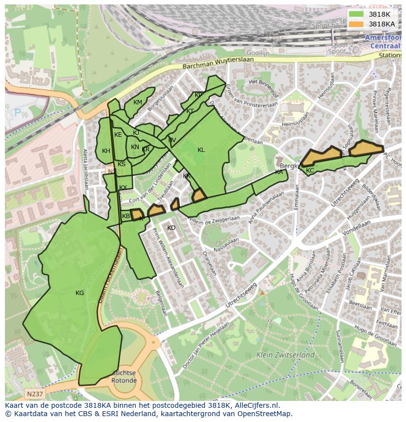 Afbeelding van het postcodegebied 3818 KA op de kaart.