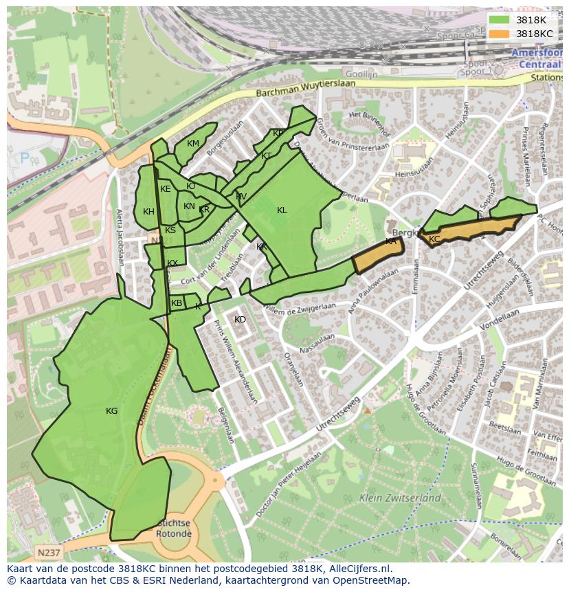 Afbeelding van het postcodegebied 3818 KC op de kaart.