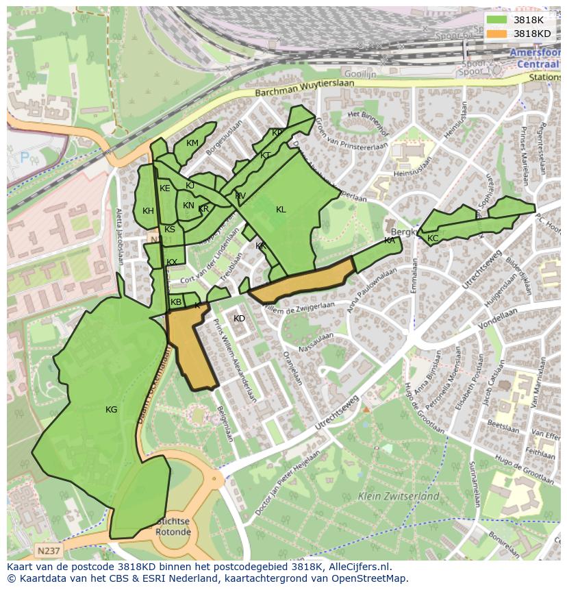 Afbeelding van het postcodegebied 3818 KD op de kaart.
