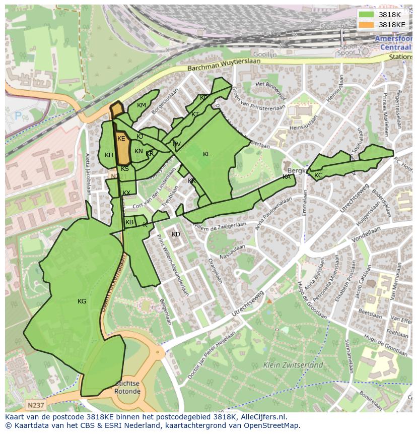 Afbeelding van het postcodegebied 3818 KE op de kaart.