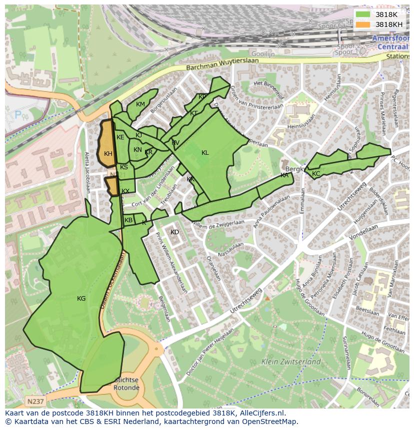 Afbeelding van het postcodegebied 3818 KH op de kaart.
