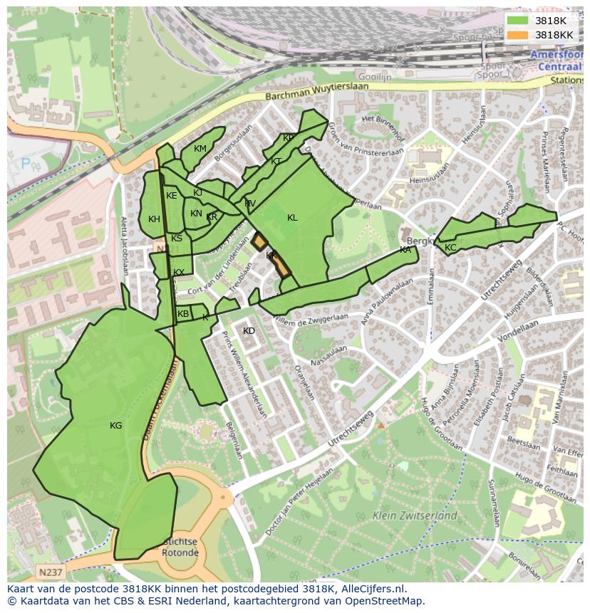 Afbeelding van het postcodegebied 3818 KK op de kaart.