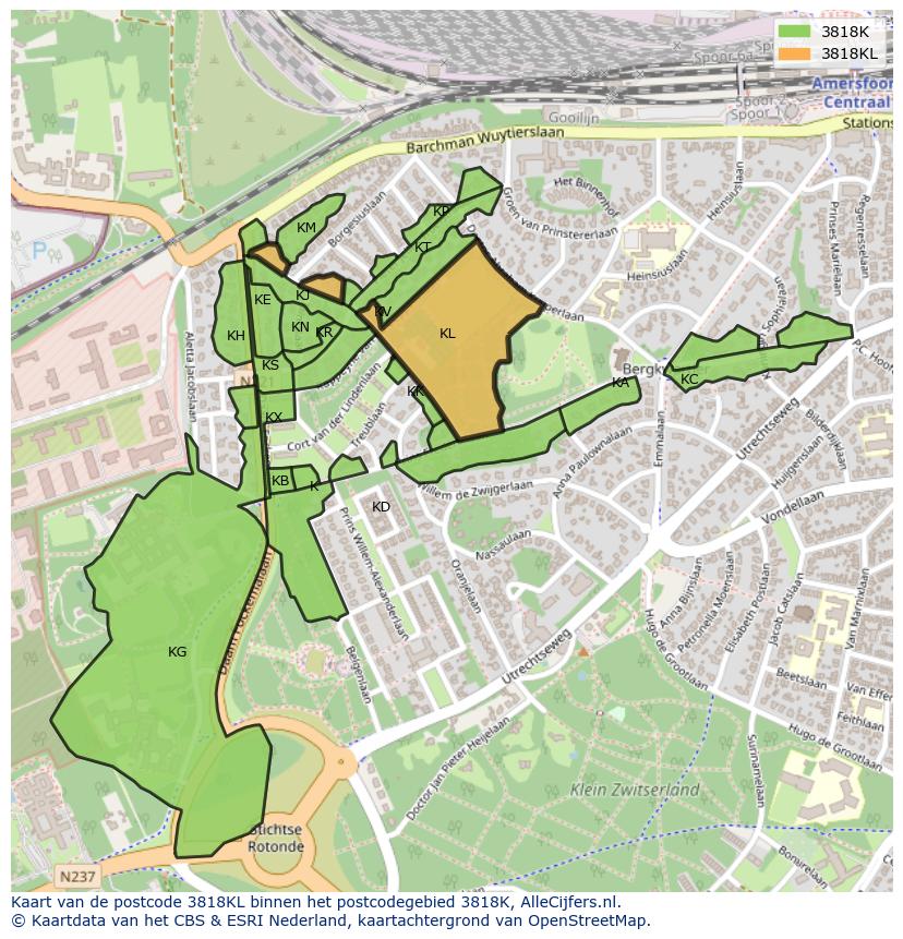 Afbeelding van het postcodegebied 3818 KL op de kaart.