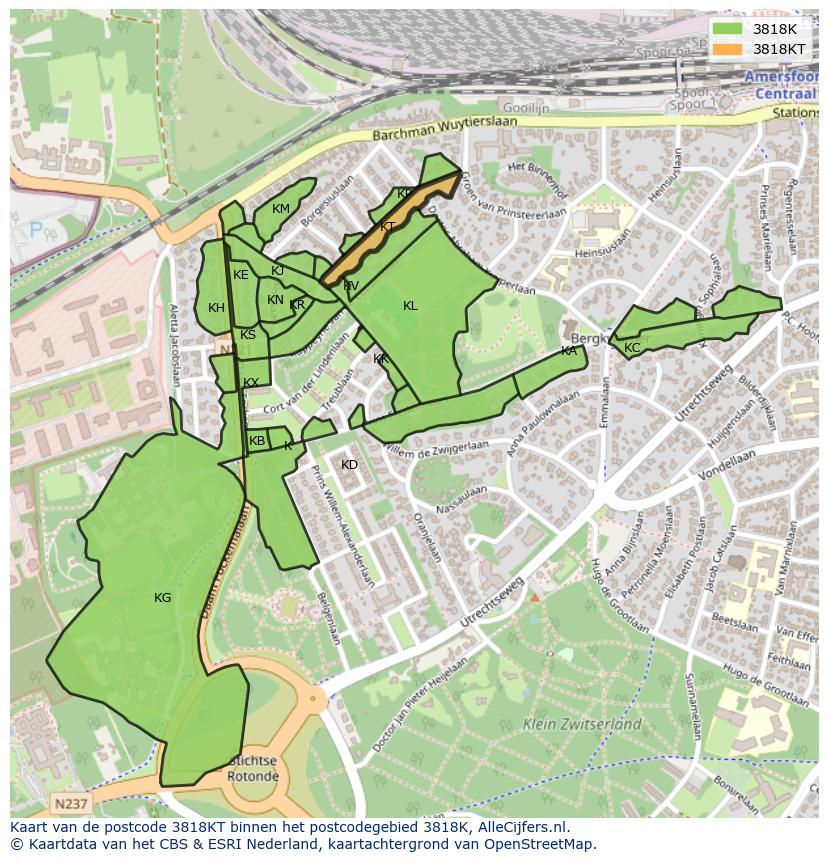 Afbeelding van het postcodegebied 3818 KT op de kaart.