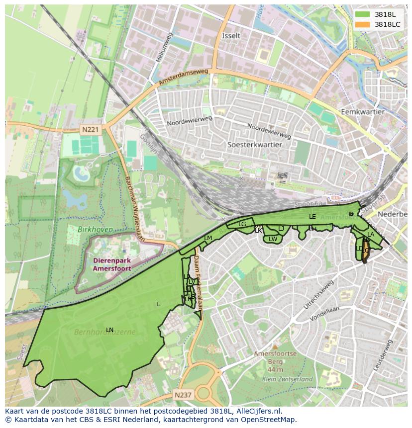 Afbeelding van het postcodegebied 3818 LC op de kaart.