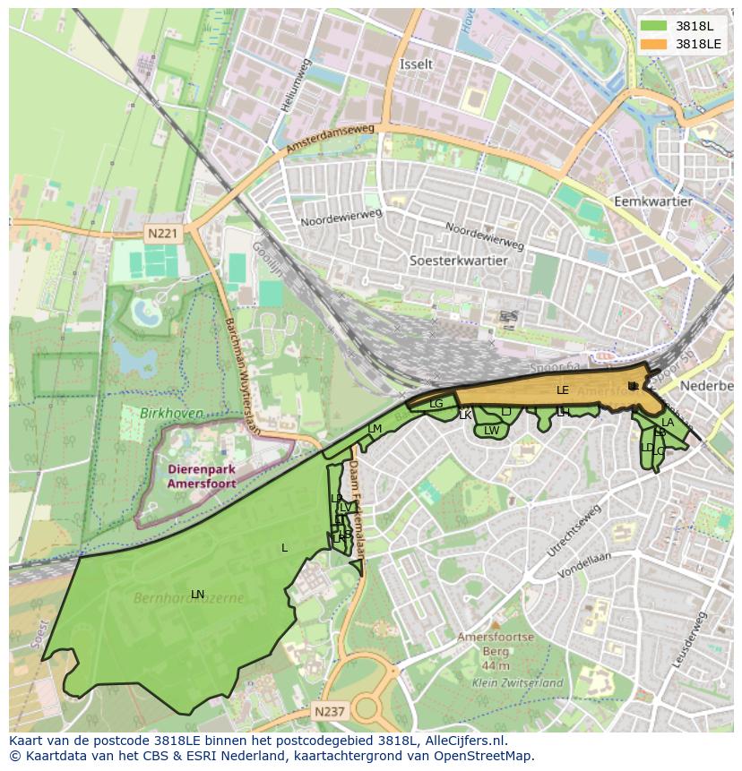 Afbeelding van het postcodegebied 3818 LE op de kaart.