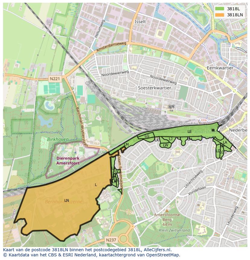 Afbeelding van het postcodegebied 3818 LN op de kaart.