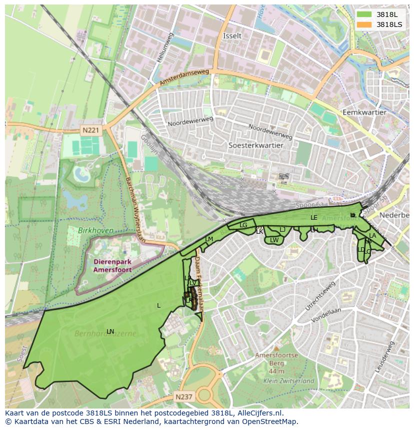 Afbeelding van het postcodegebied 3818 LS op de kaart.