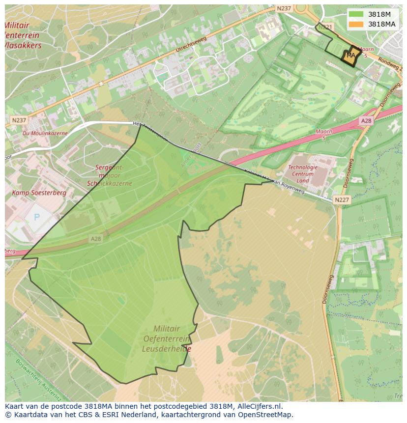 Afbeelding van het postcodegebied 3818 MA op de kaart.