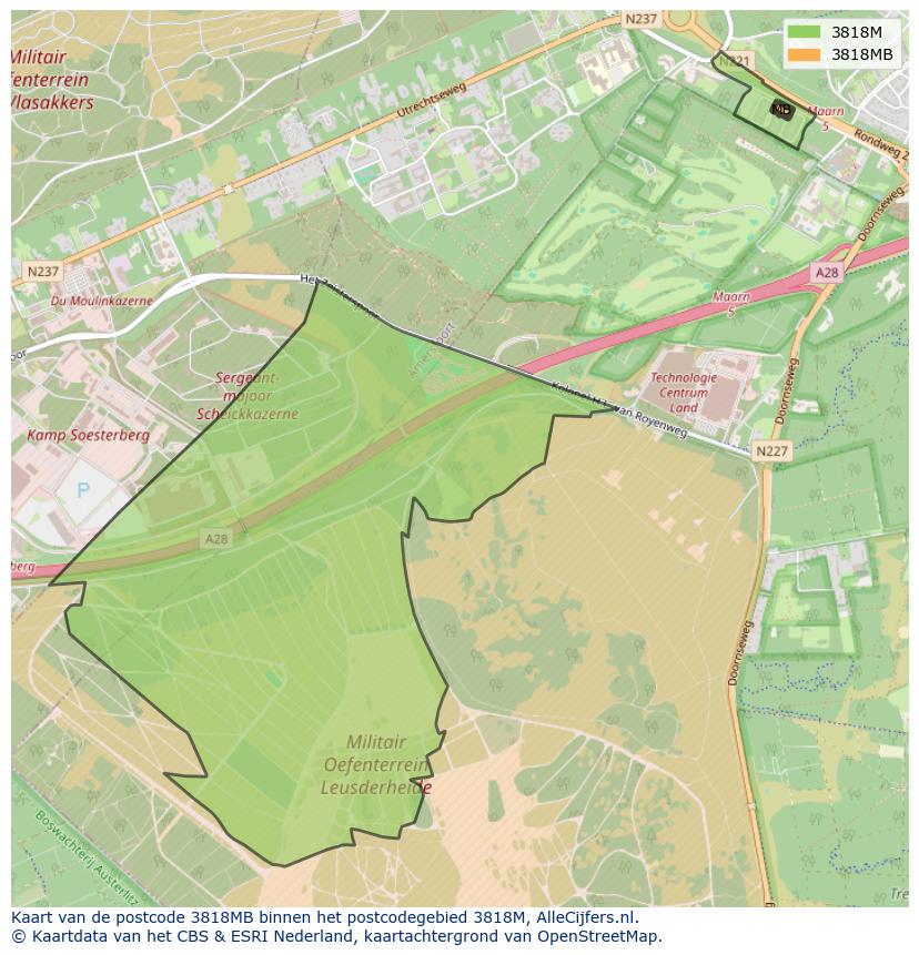 Afbeelding van het postcodegebied 3818 MB op de kaart.