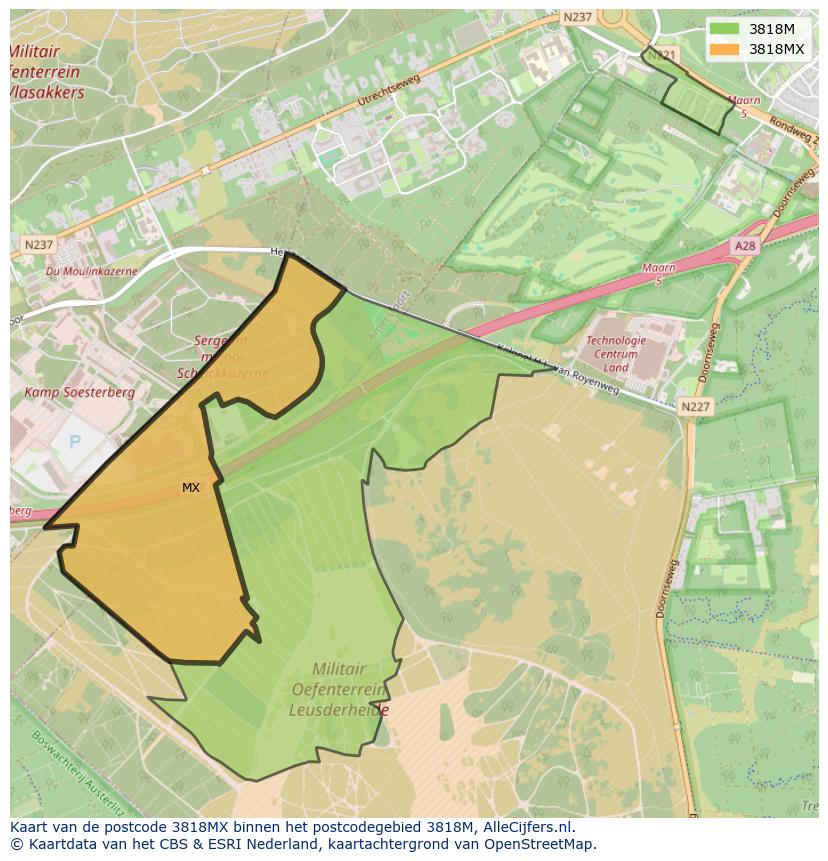 Afbeelding van het postcodegebied 3818 MX op de kaart.