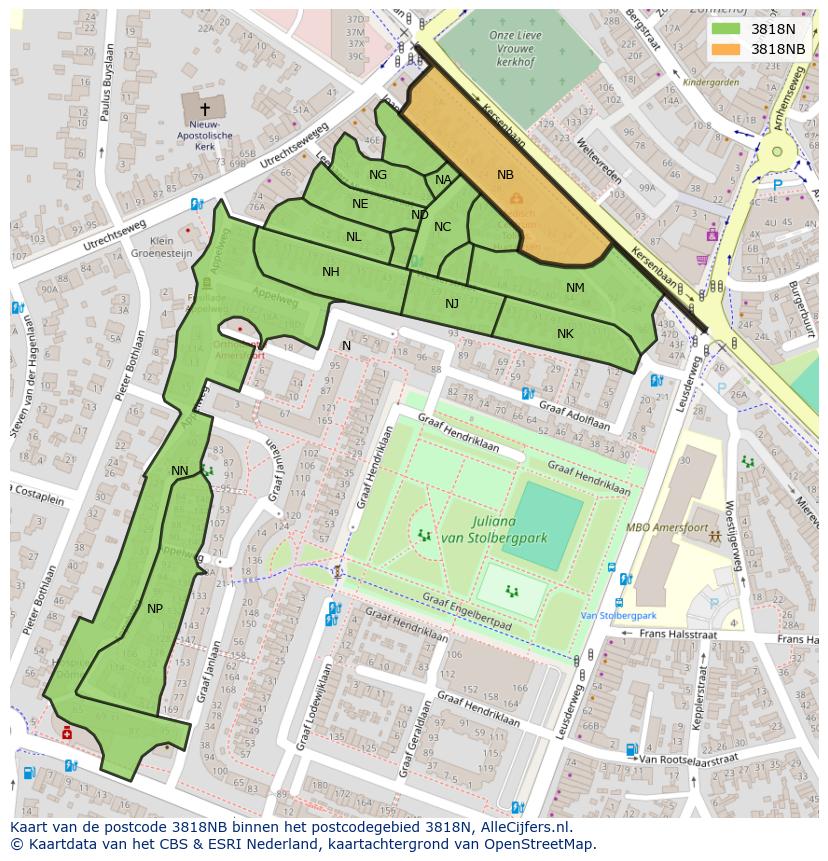 Afbeelding van het postcodegebied 3818 NB op de kaart.