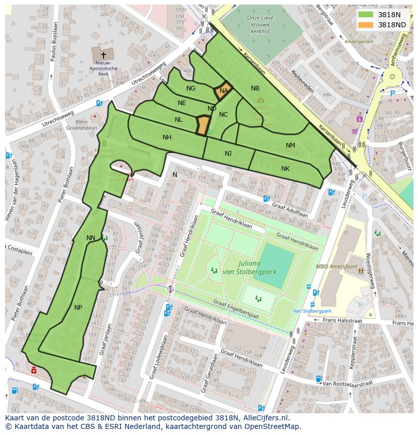 Afbeelding van het postcodegebied 3818 ND op de kaart.