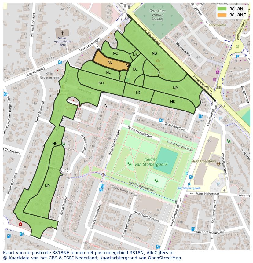 Afbeelding van het postcodegebied 3818 NE op de kaart.