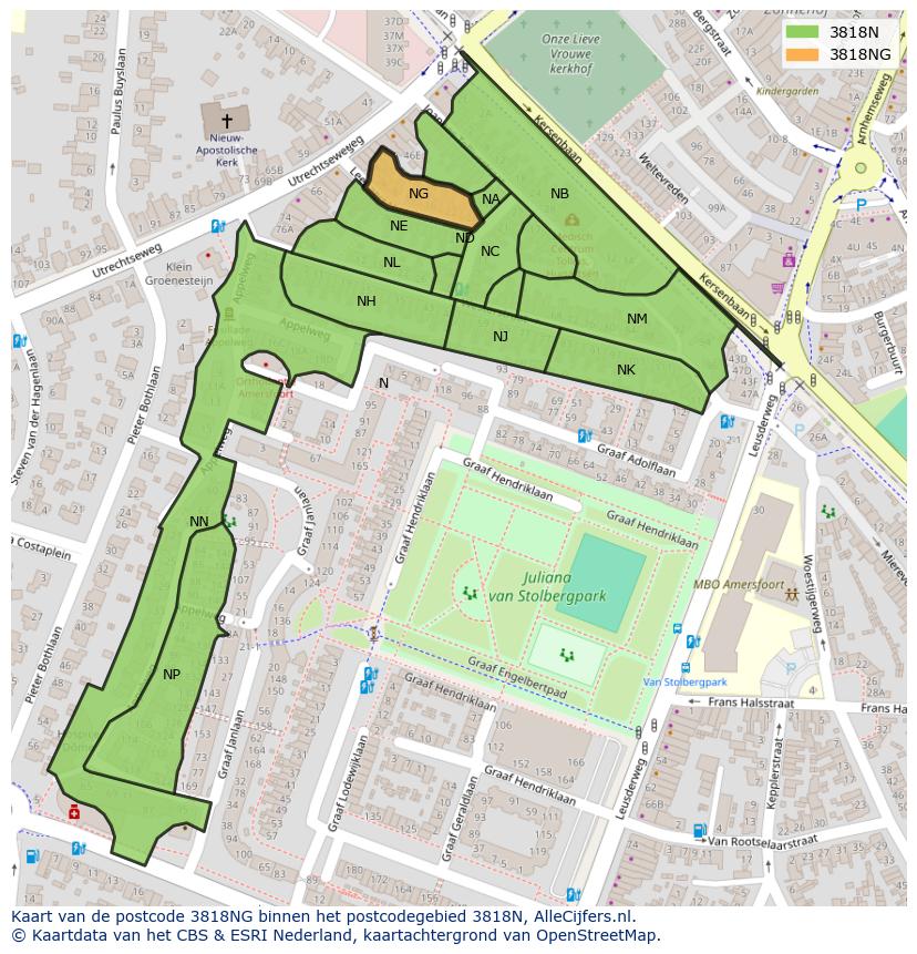 Afbeelding van het postcodegebied 3818 NG op de kaart.