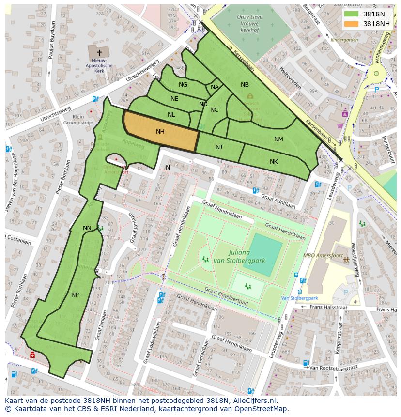 Afbeelding van het postcodegebied 3818 NH op de kaart.