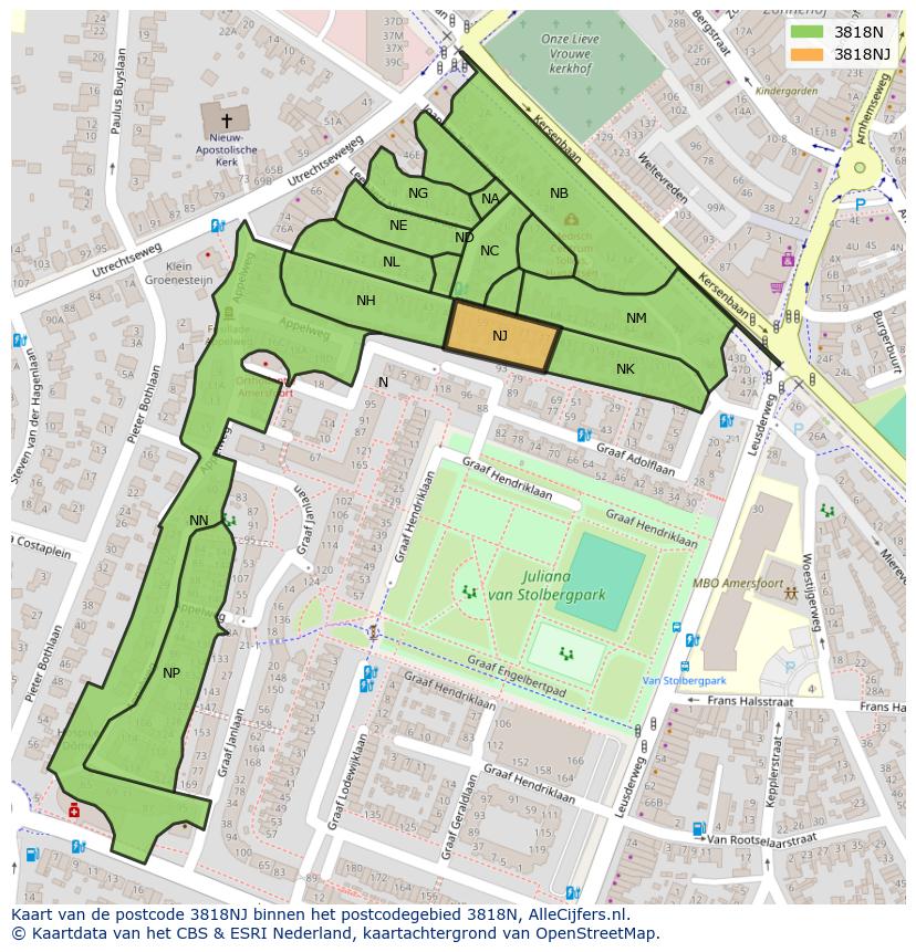 Afbeelding van het postcodegebied 3818 NJ op de kaart.