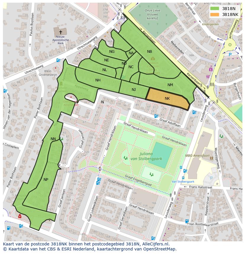 Afbeelding van het postcodegebied 3818 NK op de kaart.