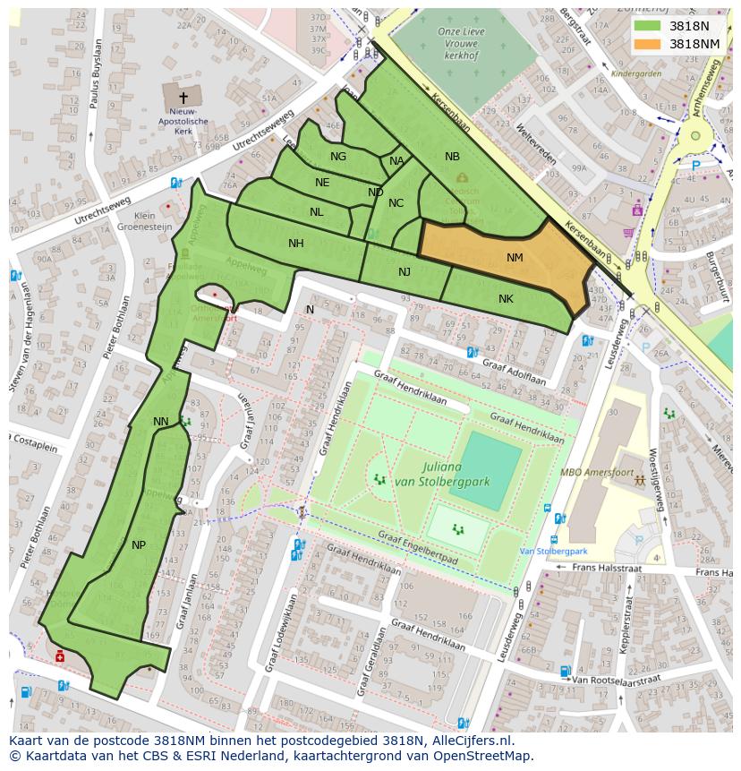 Afbeelding van het postcodegebied 3818 NM op de kaart.