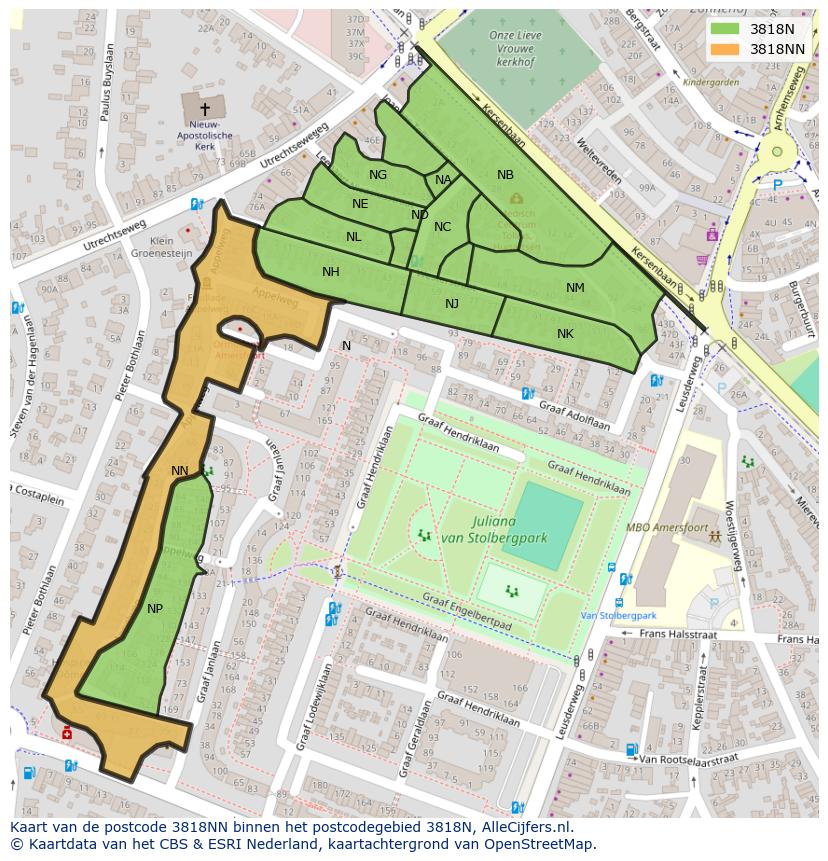 Afbeelding van het postcodegebied 3818 NN op de kaart.