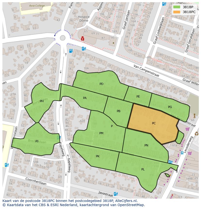 Afbeelding van het postcodegebied 3818 PC op de kaart.