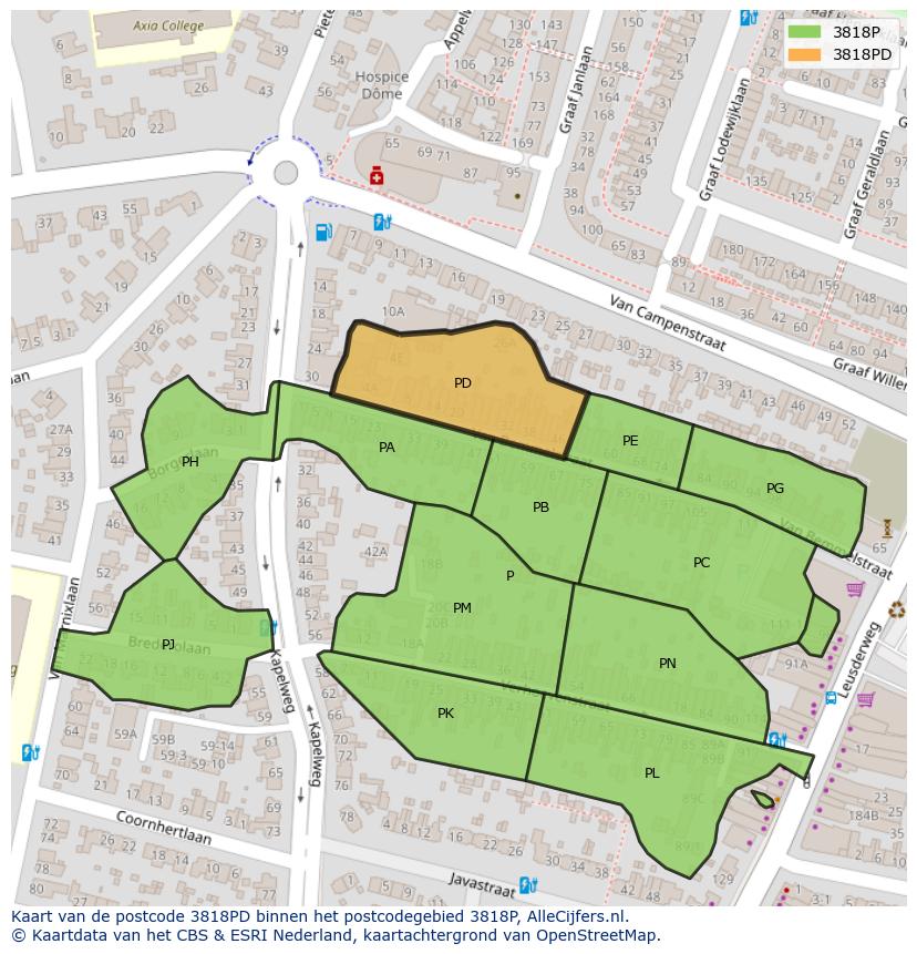 Afbeelding van het postcodegebied 3818 PD op de kaart.